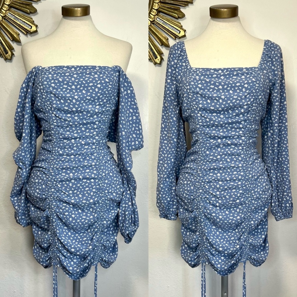 Wild Fable Blue and White Floral Ruched Square Neck Long Sleeve Mini Dress